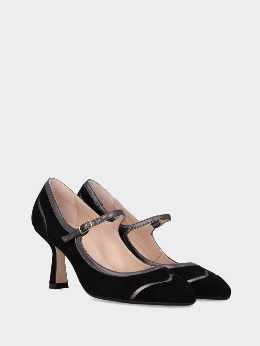 Mary Jane in black suede with silver trims and strap