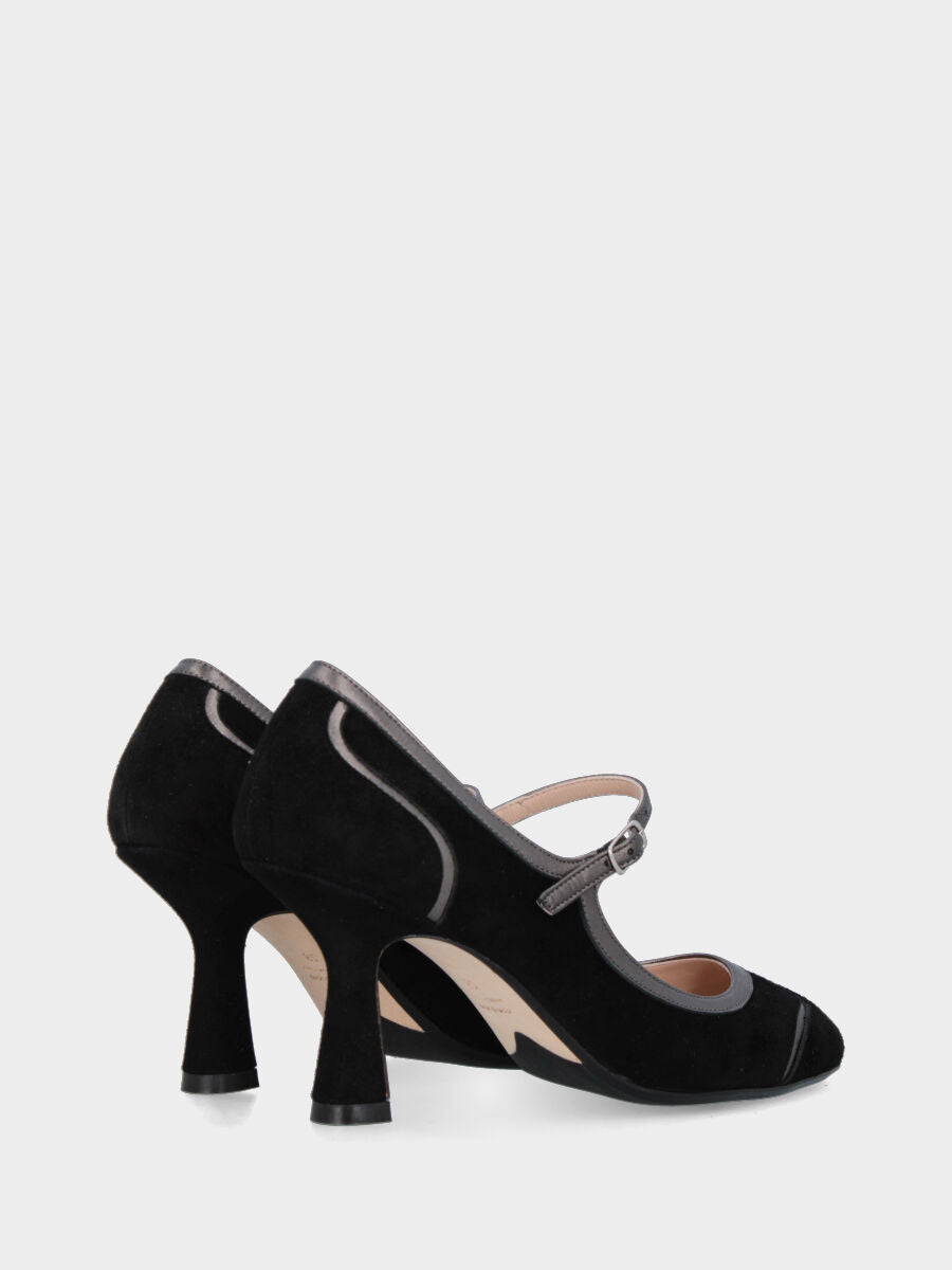 Mary Jane in black suede with silver trims and strap