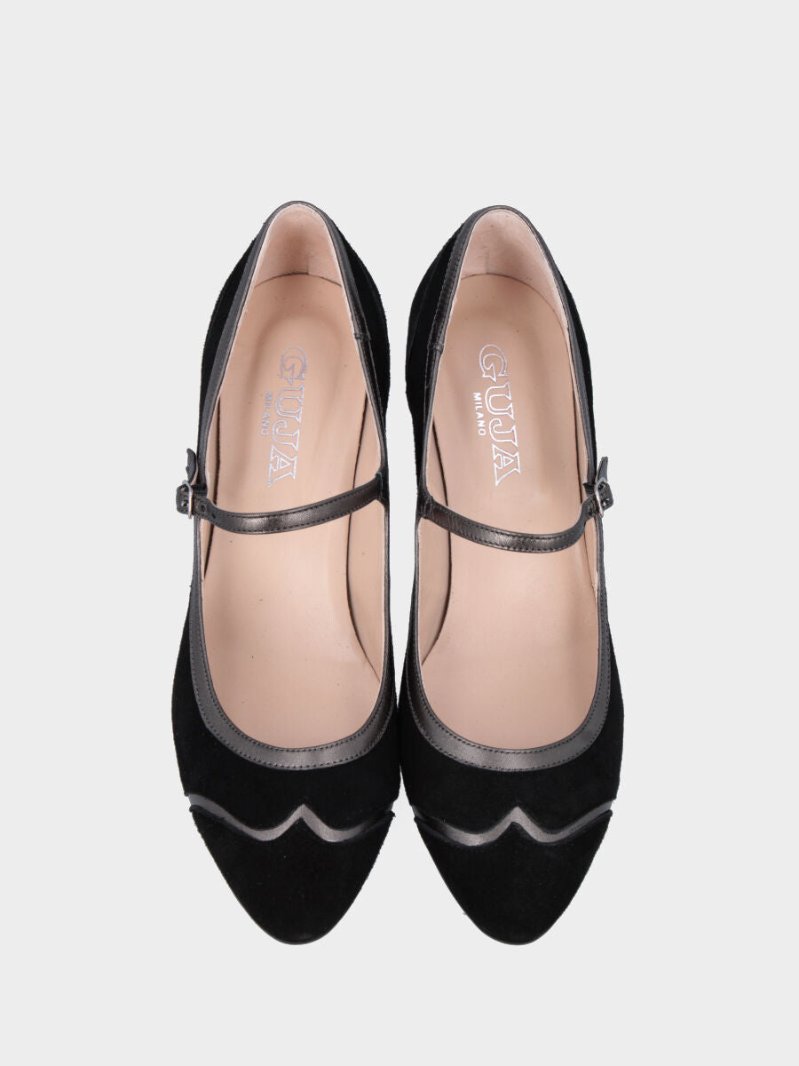 Mary Jane in black suede with silver trims and strap