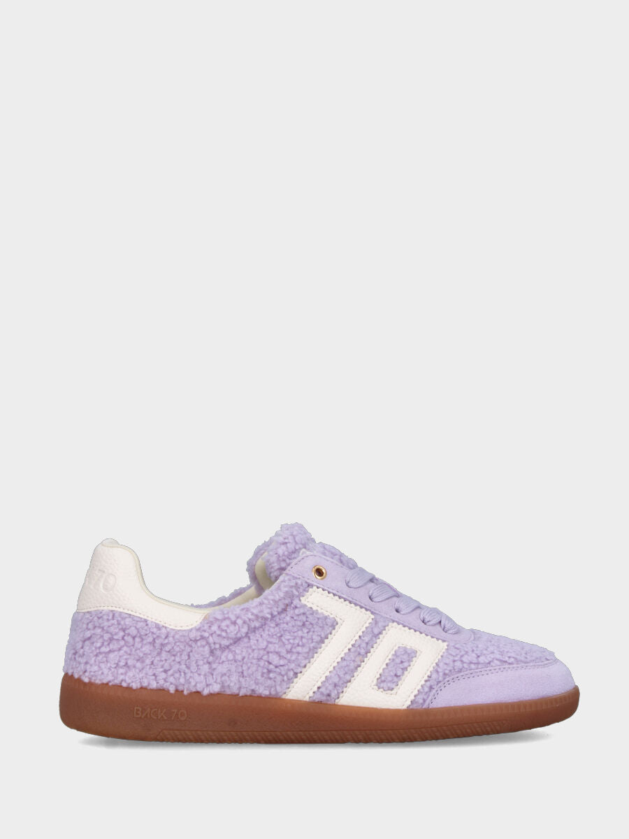 Sneaker in bouclé lilla con fondo zeppa e dettagli in vitello