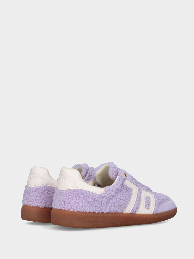 Sneaker in bouclé lilla con fondo zeppa e dettagli in vitello