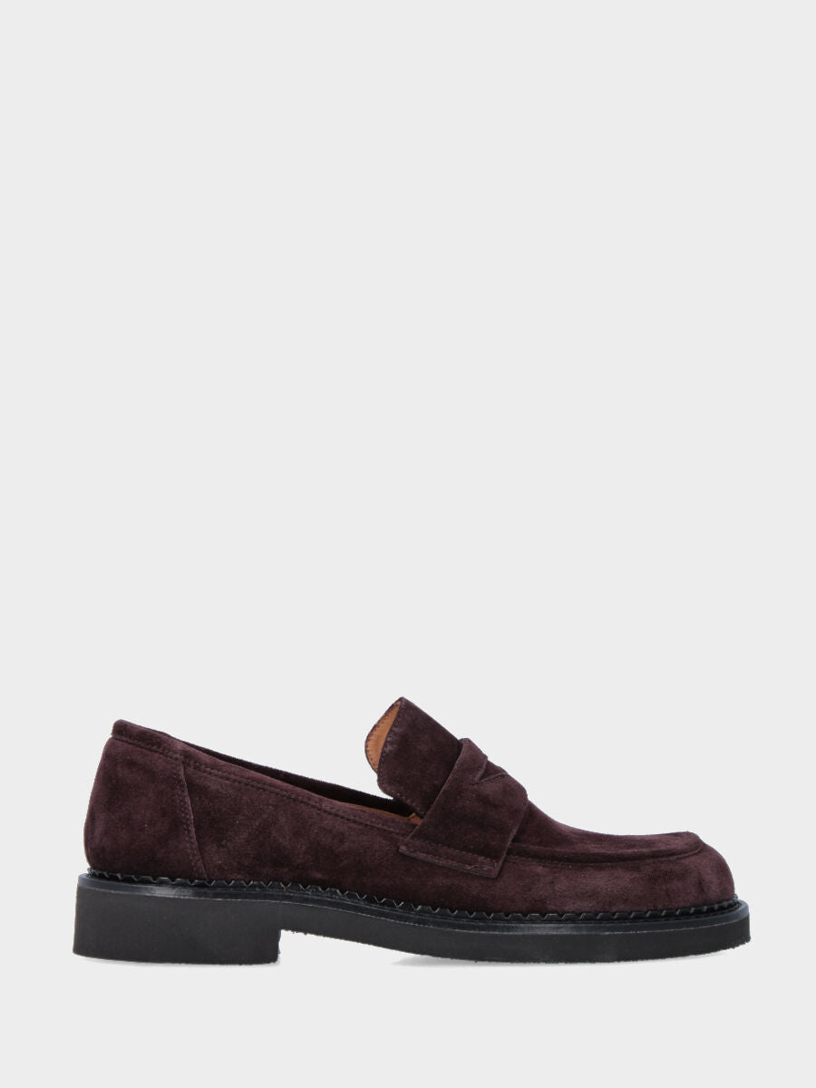 Burgundy velour moccasin with welted sole