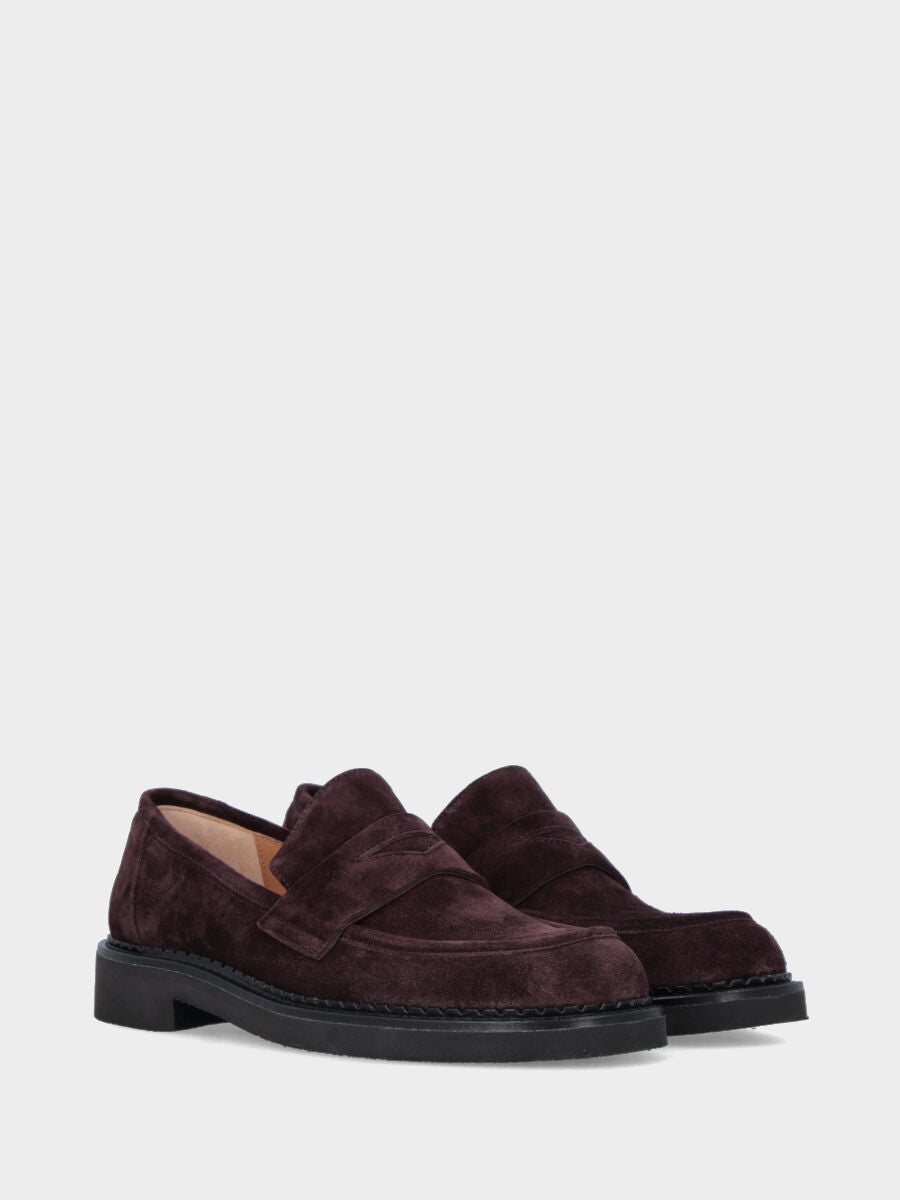 Burgundy velour moccasin with welted sole