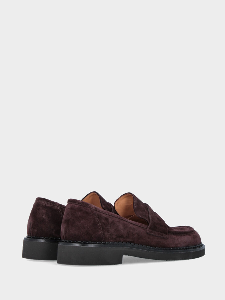 Burgundy velour moccasin with welted sole