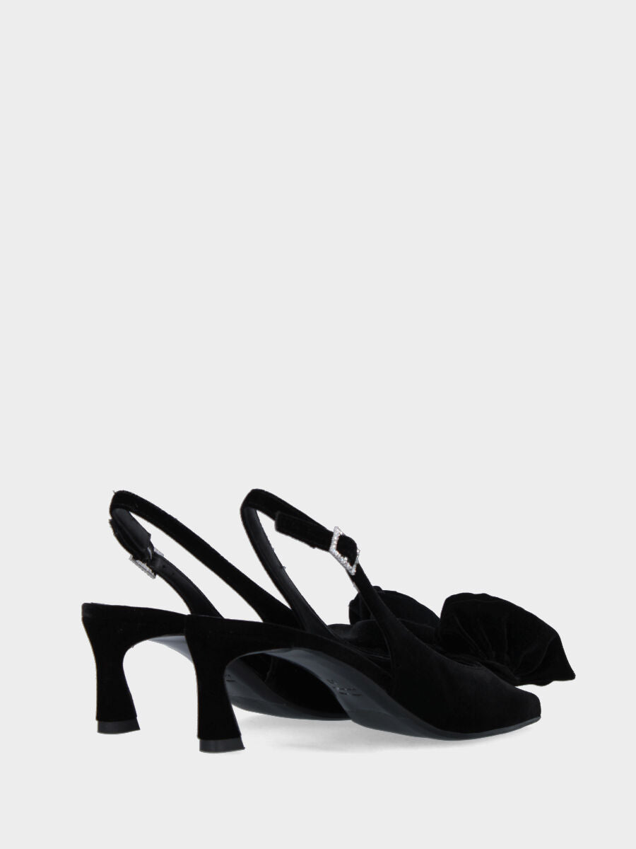 Slingback in velluto nero con fiore decorativo e tacco a coda