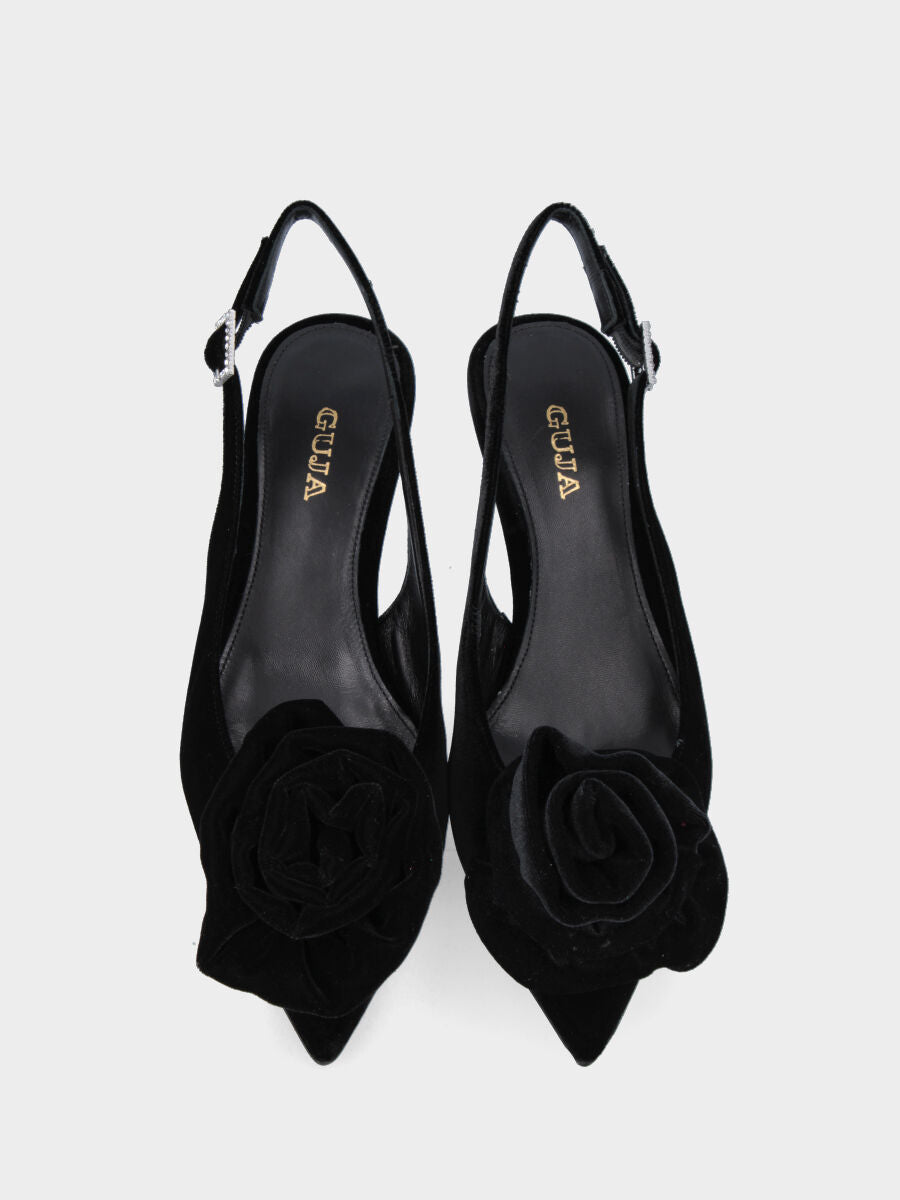 Slingback in velluto nero con fiore decorativo e tacco a coda