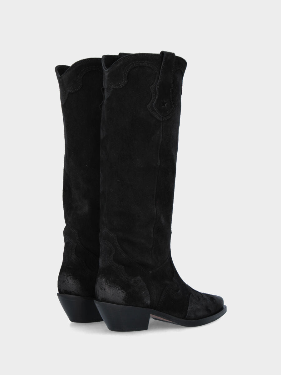 Stivale camperos in velour nero con tacco 30 mm e riporti fiammati