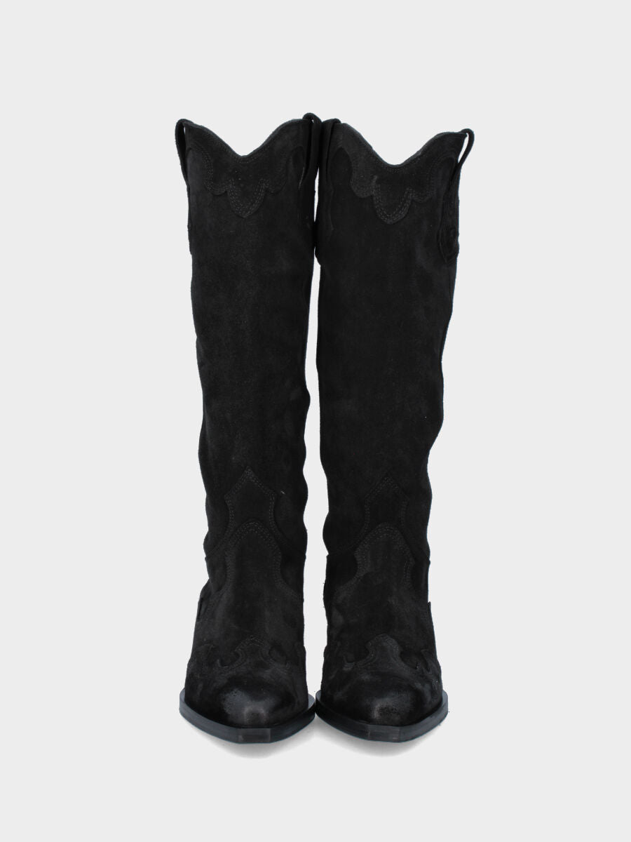 Stivale camperos in velour nero con tacco 30 mm e riporti fiammati