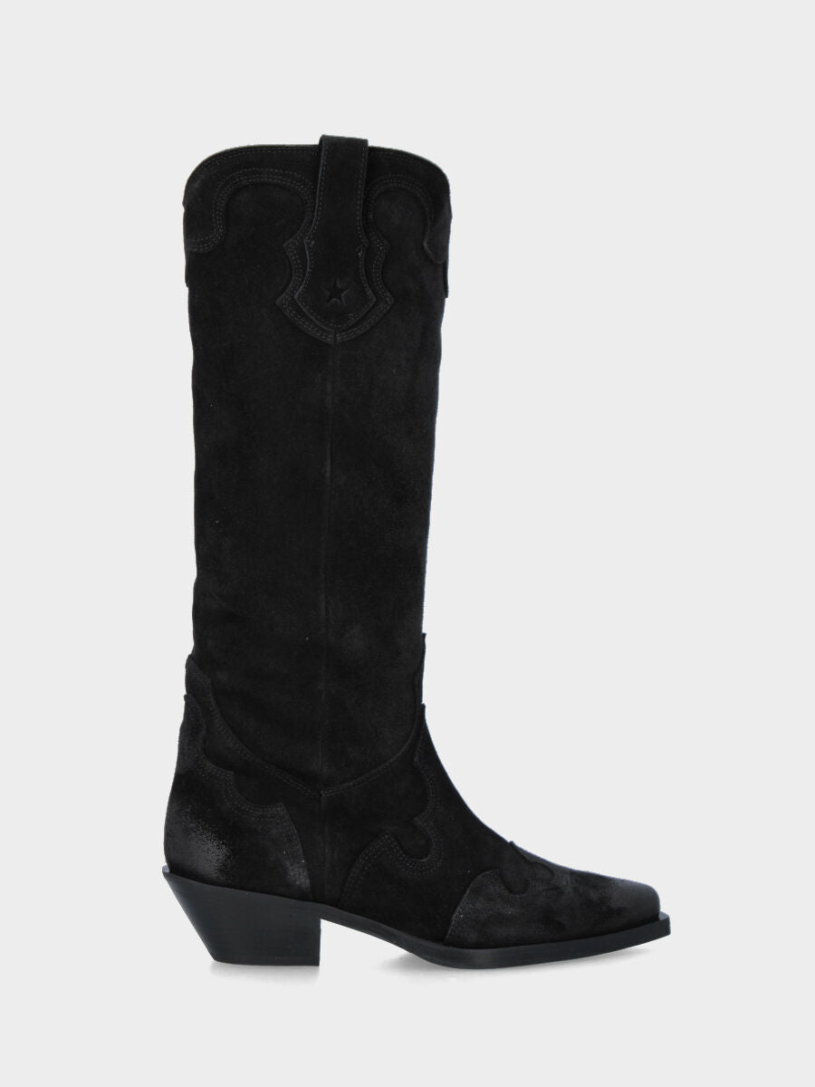 Stivale camperos in velour nero con tacco 30 mm e riporti fiammati