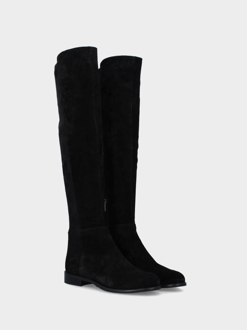 Stivale in camoscio nero sopra al ginocchio e retro elasticizzato