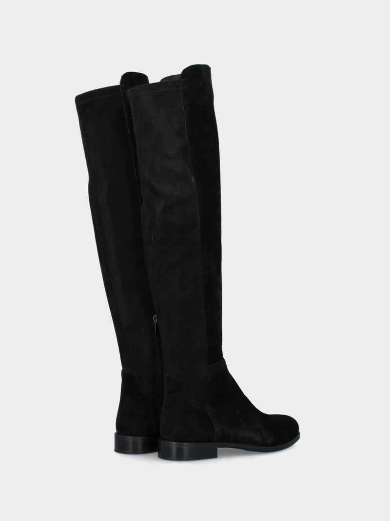 Stivale in camoscio nero sopra al ginocchio e retro elasticizzato