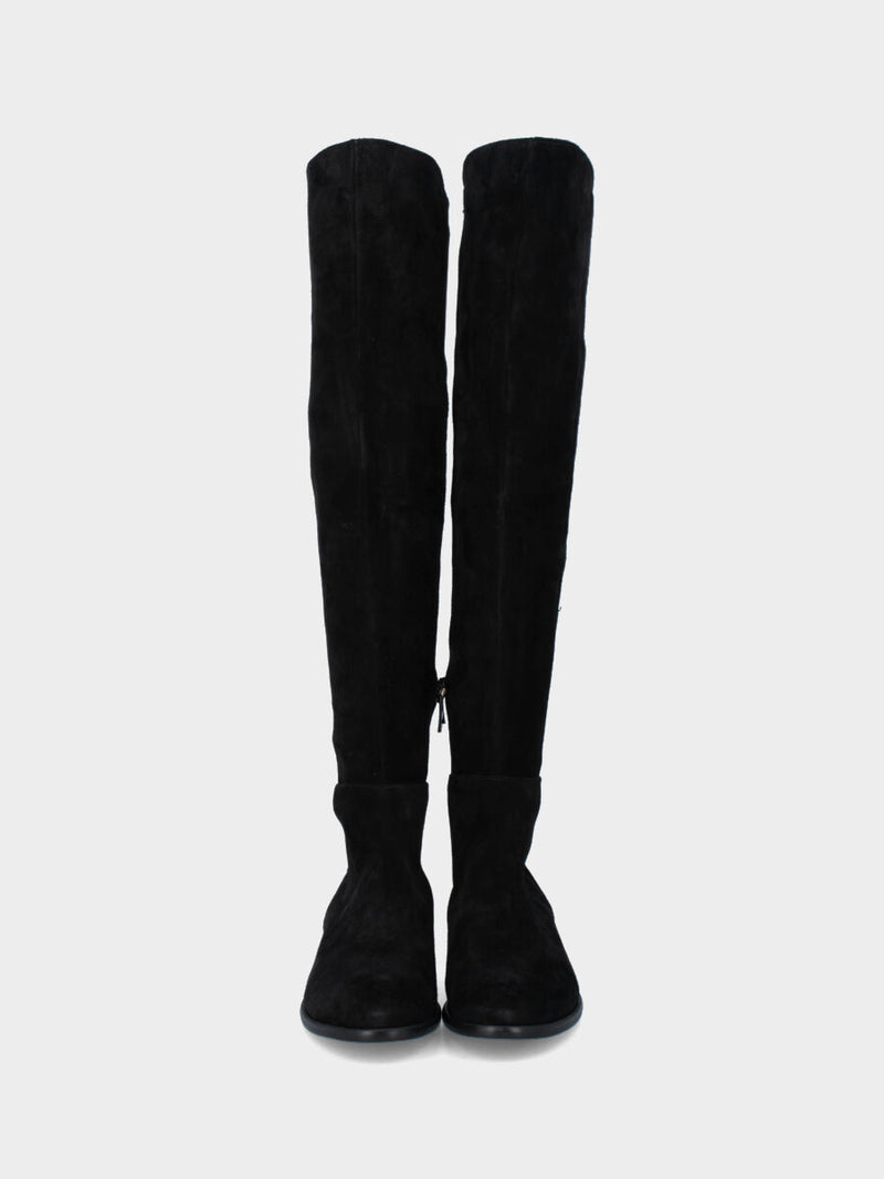 Stivale in camoscio nero sopra al ginocchio e retro elasticizzato