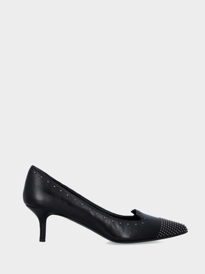 Pantofolina in nappa nera con tacco a calice sottile e piccole borchie