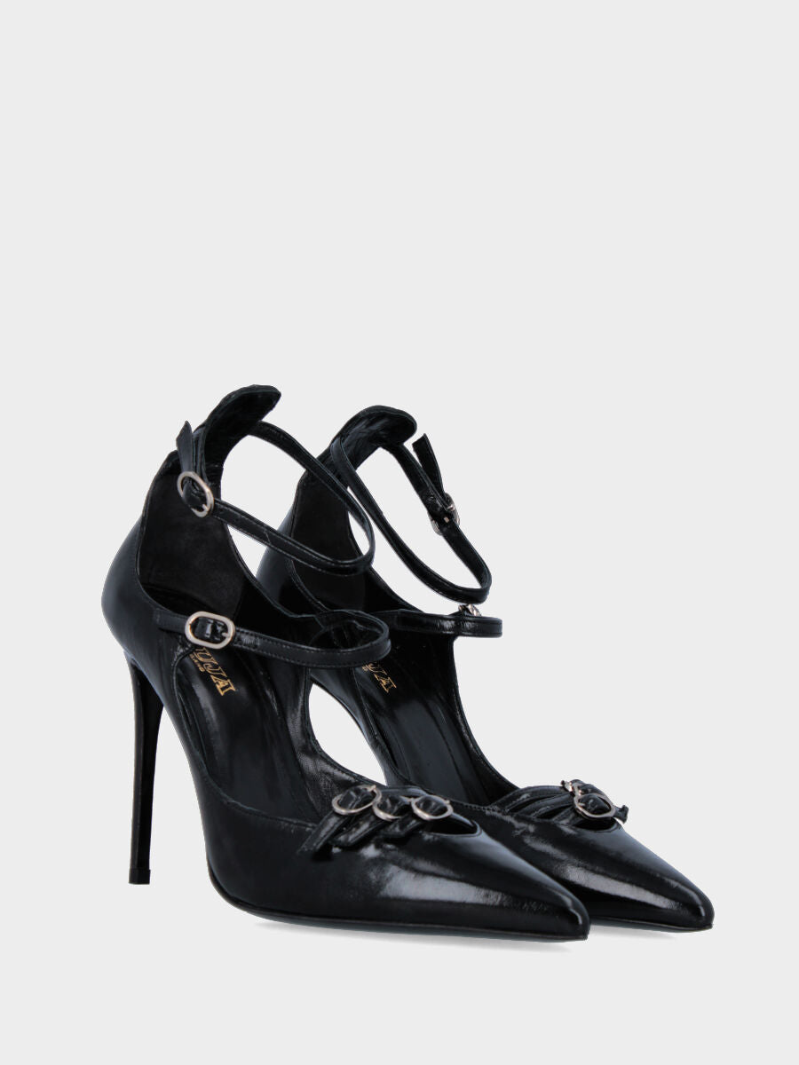 Escarpins en verni miroir noir avec talon aiguille et trois brides