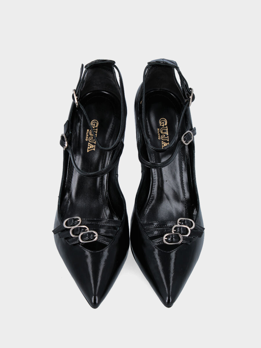 Escarpins en verni miroir noir avec talon aiguille et trois brides
