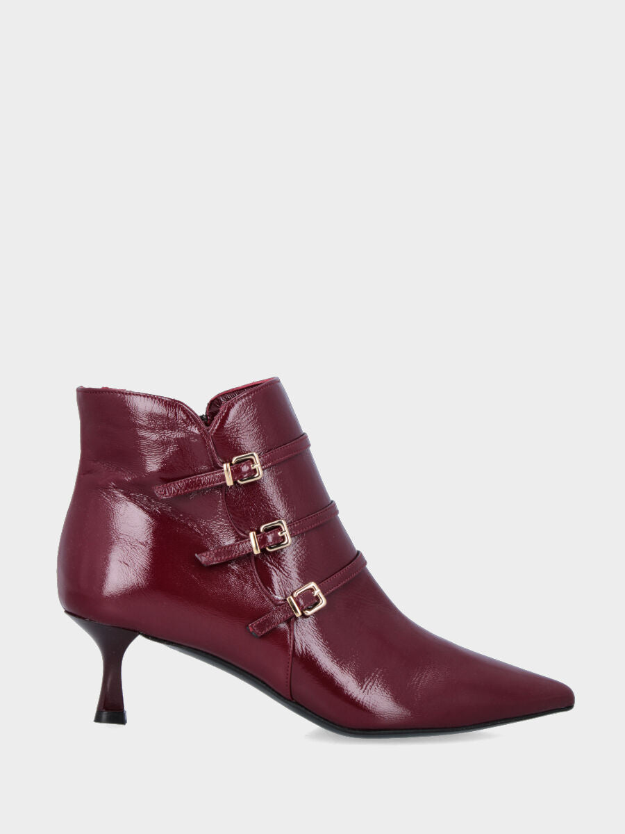 Burgundy shiny velvet ankle boot with chalice heel and straps