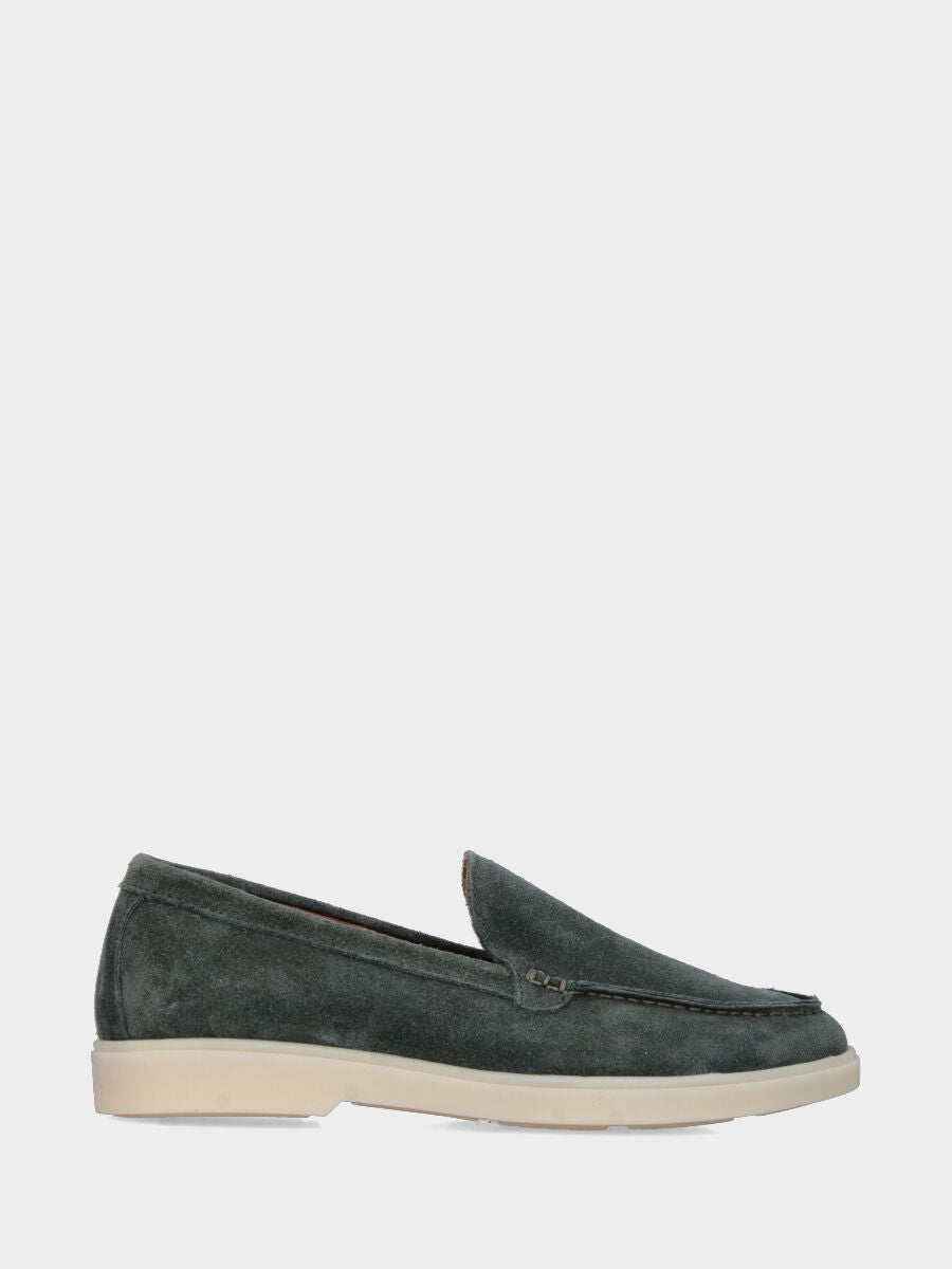 Forest green suede moccasin with stitched tray joint to the upper