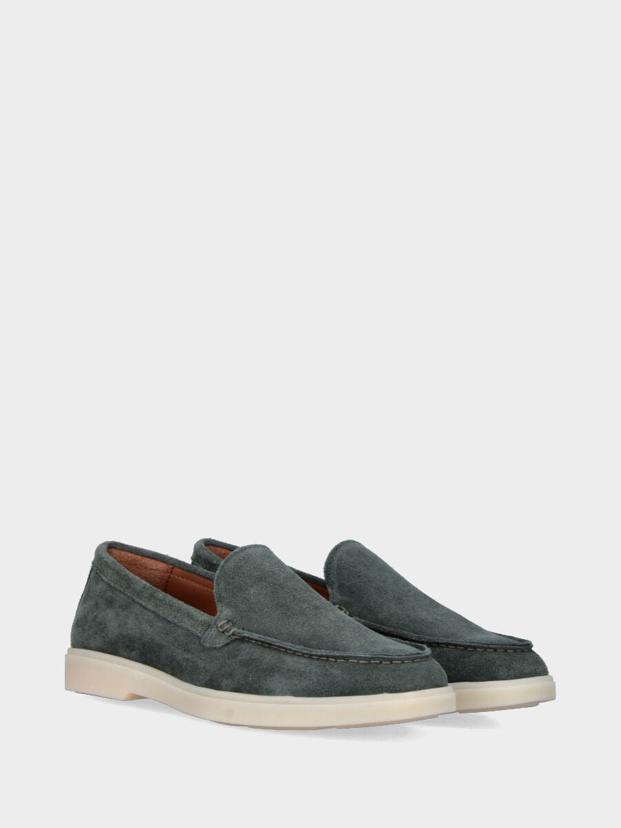 Forest green suede moccasin with stitched tray joint to the upper
