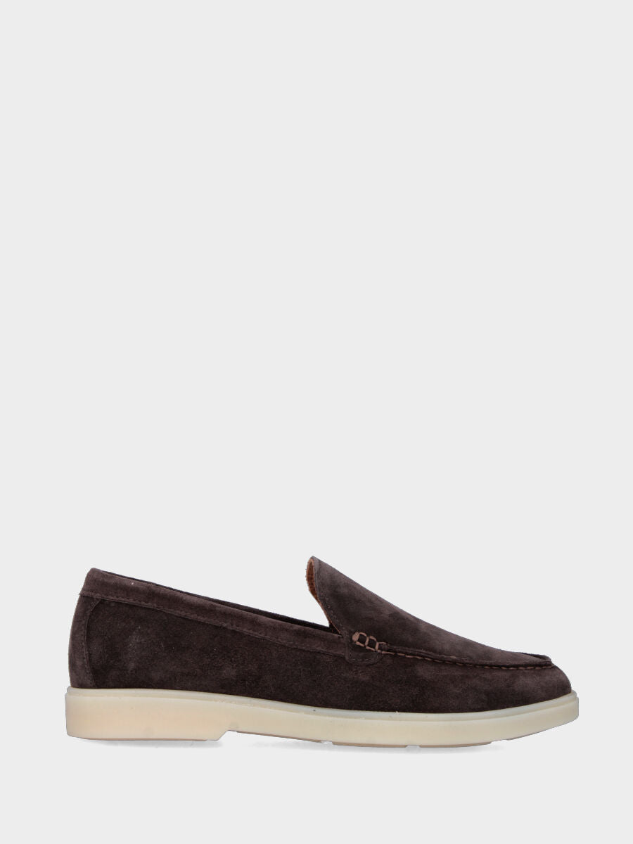 Dark brown suede moccasin with stitched cup sole attached to the upper