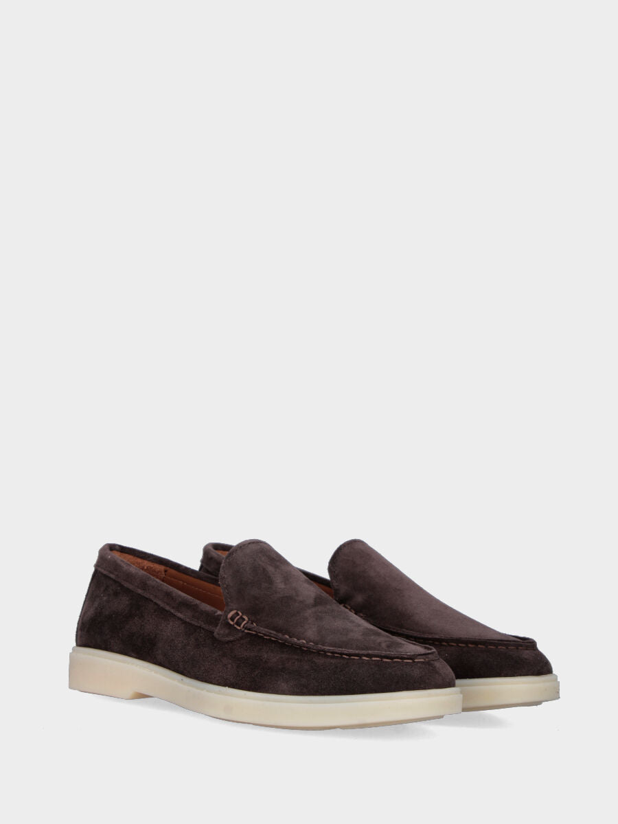 Dark brown suede moccasin with stitched cup sole attached to the upper