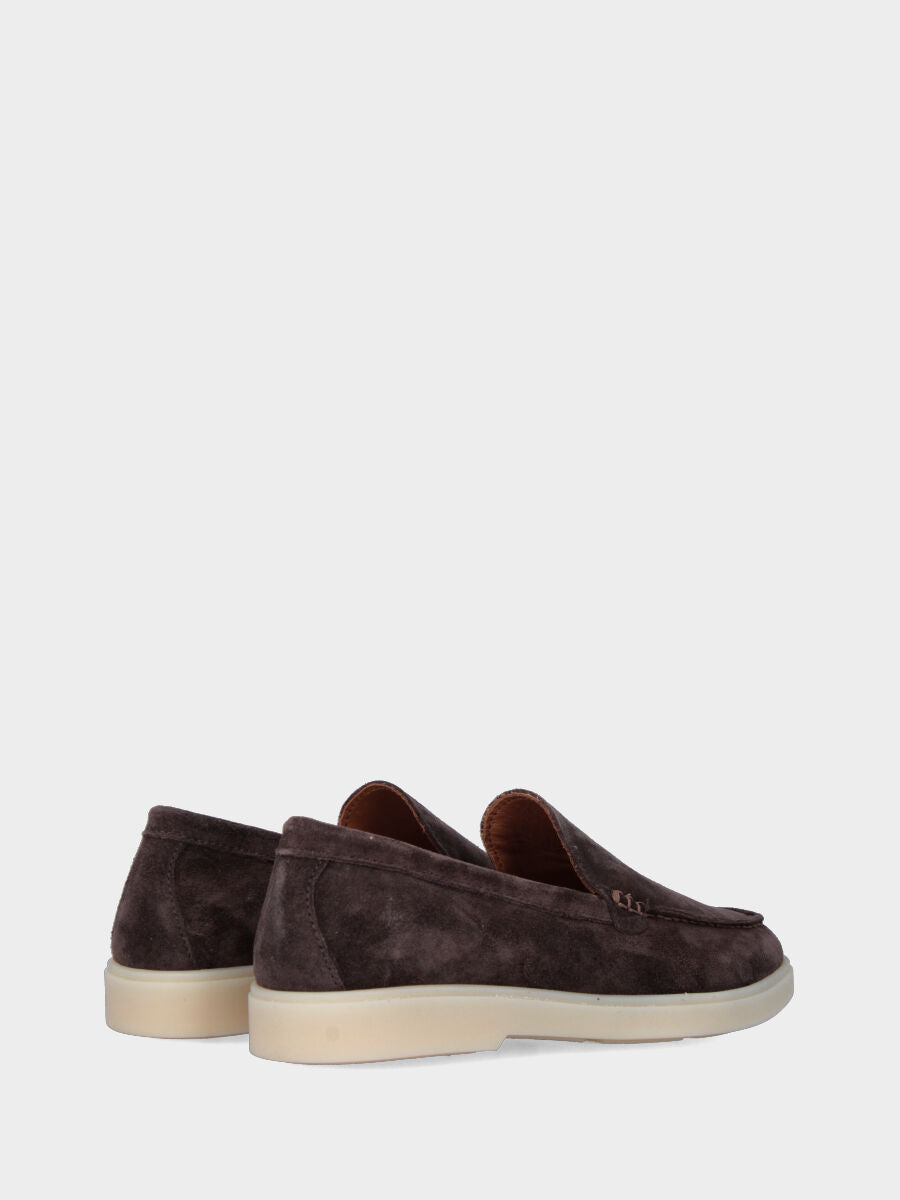 Dark brown suede moccasin with stitched cup sole attached to the upper