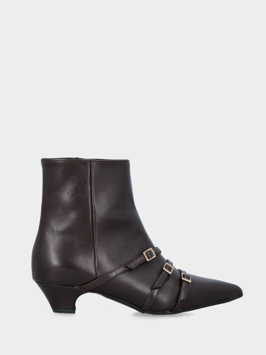 Dark brown calfskin ankle boot with straps and conical heel Guja