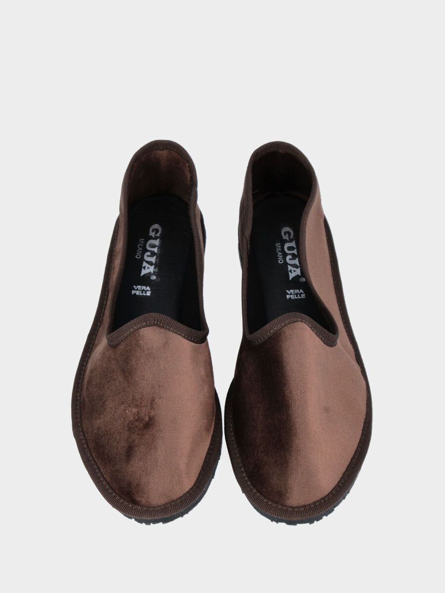 Brown velvet Friulana with embroidered edges and 5 mm heel