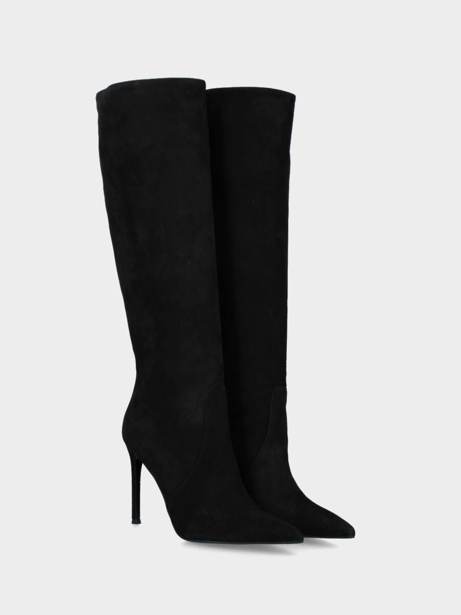 Stivale a tubo in camoscio nero con tacco a stiletto