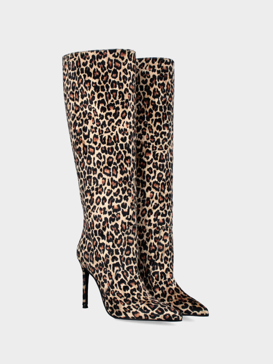 Stivale a tubo in tessuto leopardato con tacco a stiletto
