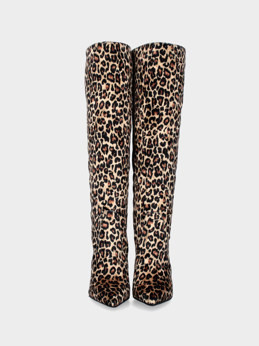 Stivale a tubo in tessuto leopardato con tacco a stiletto