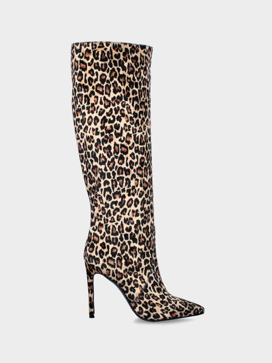 Stivale a tubo in tessuto leopardato con tacco a stiletto