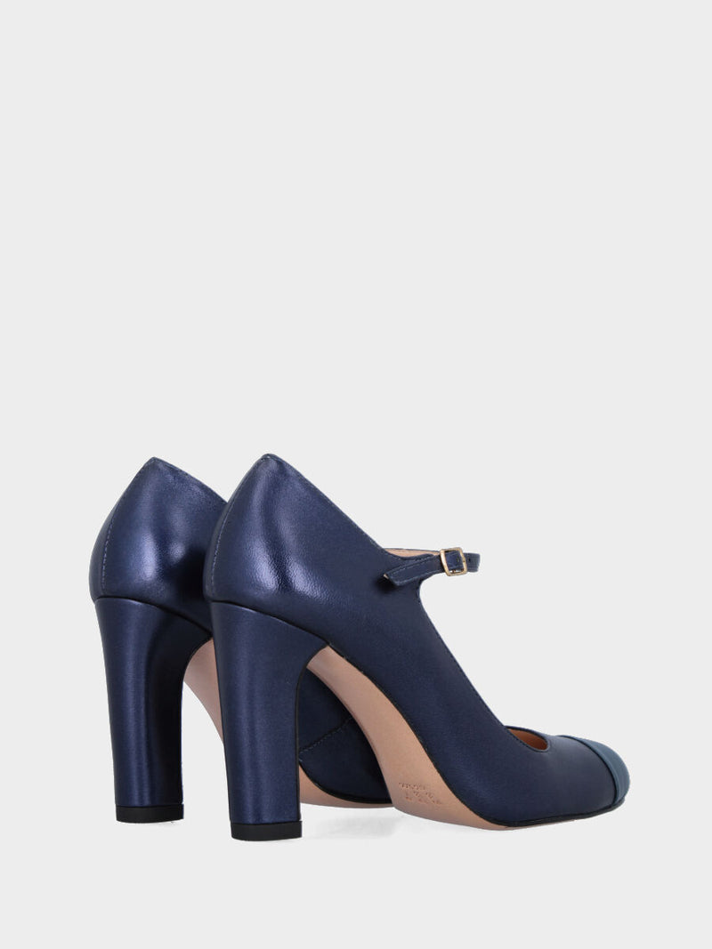 Mary Jane in laminato blu con punta in nappa celeste