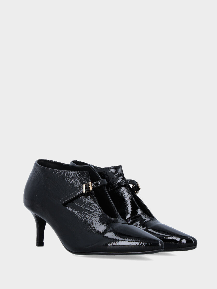 Black patent leather ankle boot with thin stiletto heel and strap