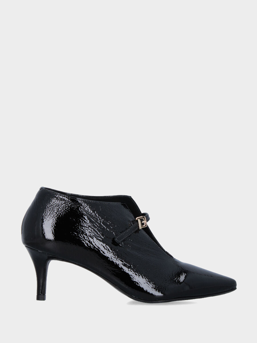 Black patent leather ankle boot with thin stiletto heel and strap
