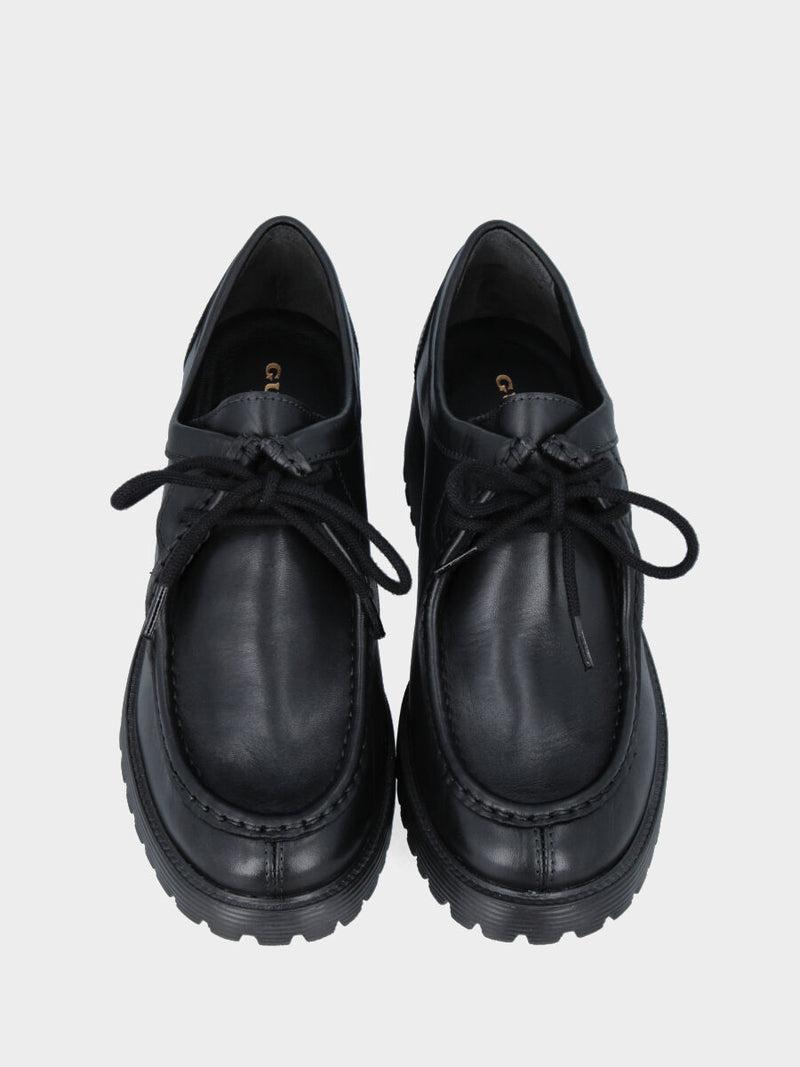 Stringata paraboot in vitello nero con tacco monoblocco