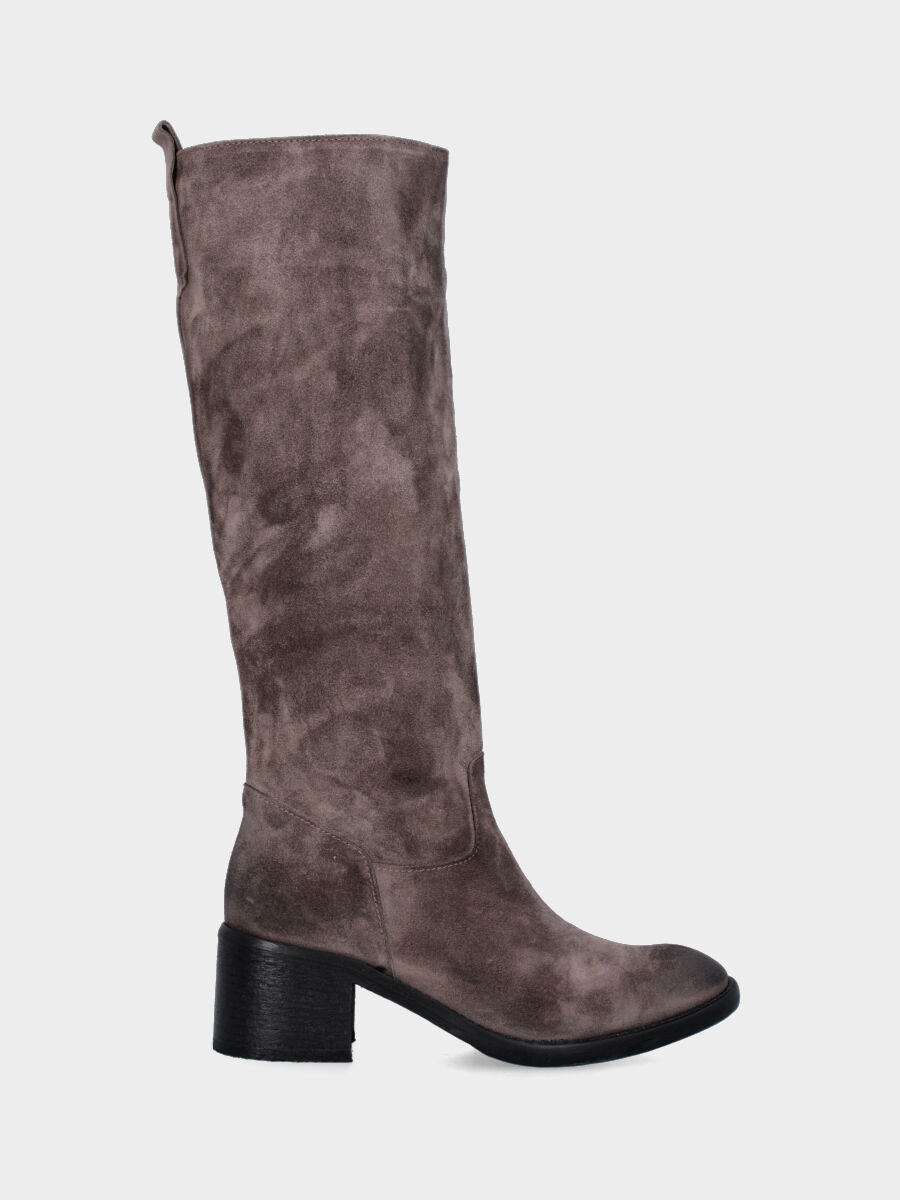 Taupe gray split leather boot with 50 mm heel and semi-tube shaft