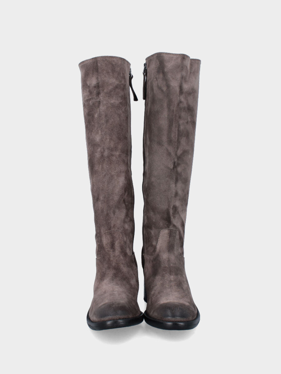 Taupe gray split leather boot with 50 mm heel and semi-tube shaft