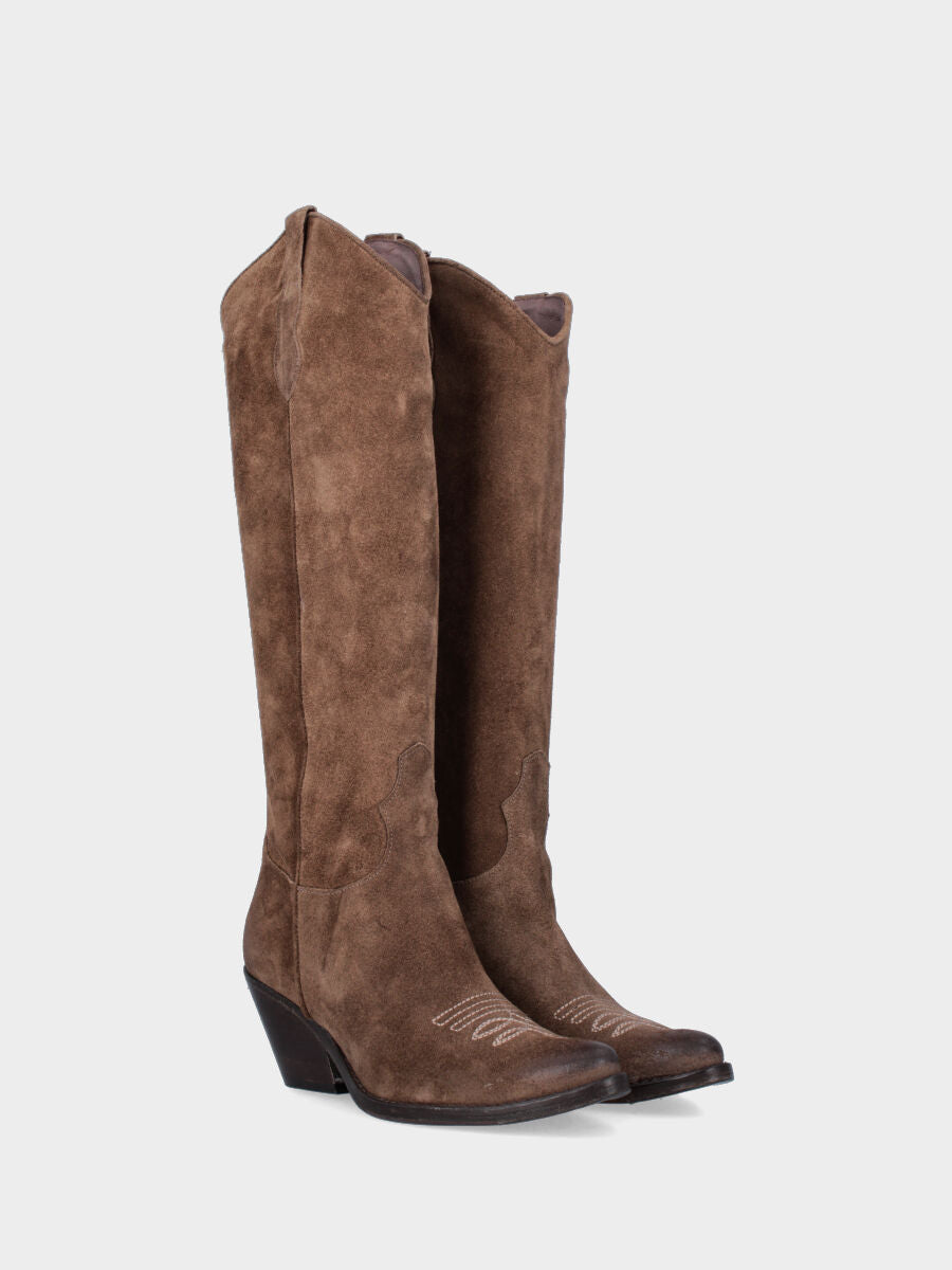 Camperos in velour beige con ricamo e tacco 70 mm