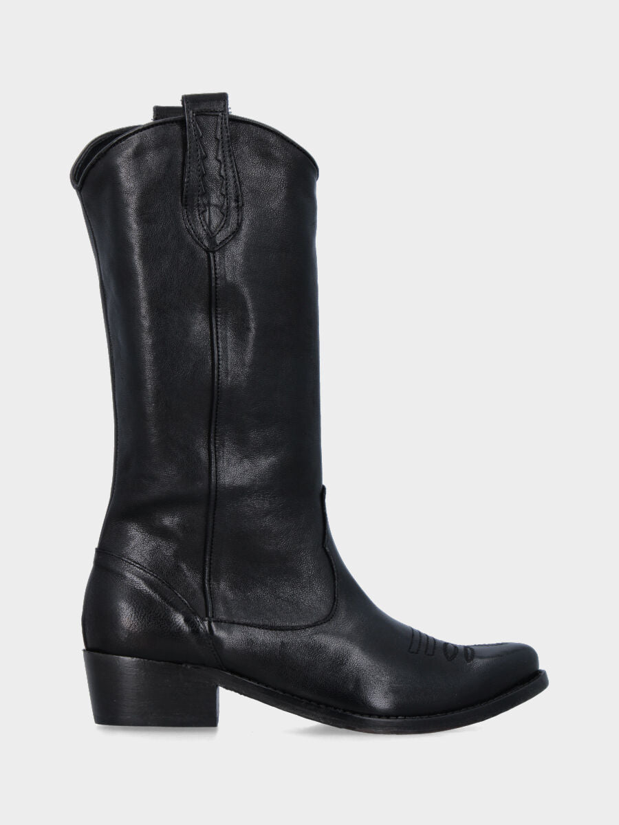Cowboystiefel aus schwarzem Kalbsleder mit 70 mm Absatz und Stickerei an der Spitze
