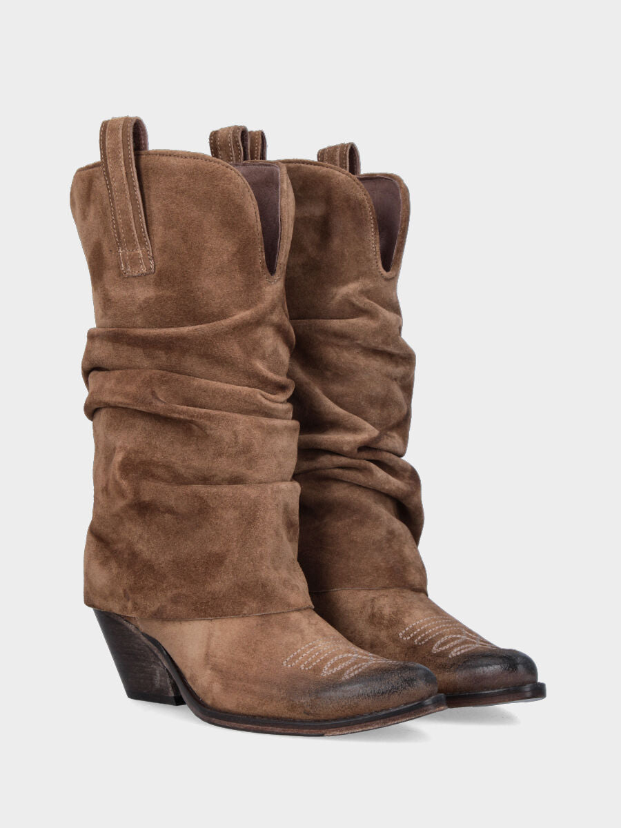 Bottes western en velours beige avec guêtre retournée et talon de 40 mm