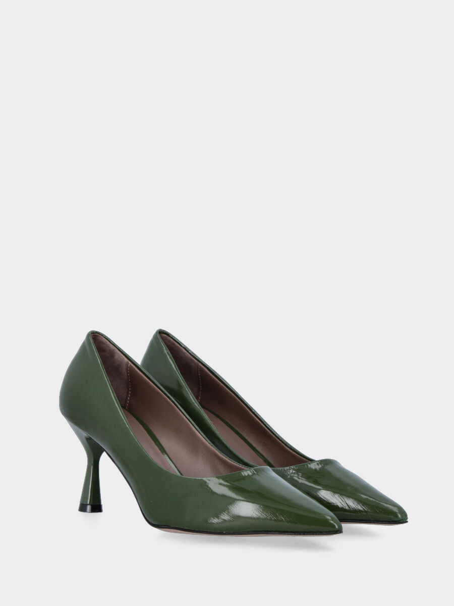 Escarpins en verni miroir vert avec encolure ronde et talon en forme de calice