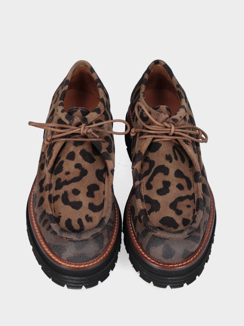 Stringata paraboot in velour leopardato con platform e suola carrarmato