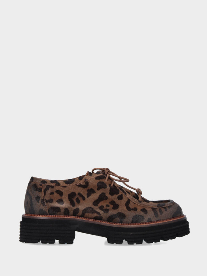 Stringata paraboot in velour leopardato con platform e suola carrarmato