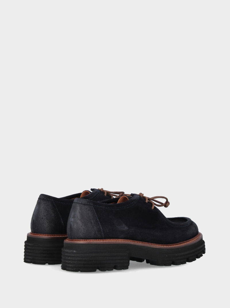 Stringata paraboot in velour navy con platform e suola carrarmato