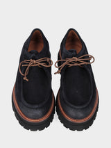 Stringata paraboot in velour navy con platform e suola carrarmato