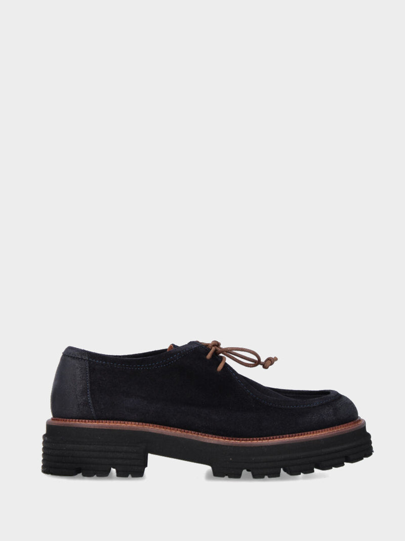 Stringata paraboot in velour navy con platform e suola carrarmato