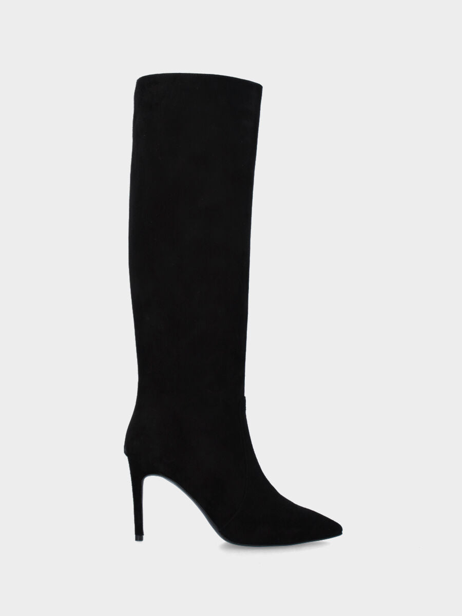 Stivale a tubo in camoscio nero con tacco a stiletto