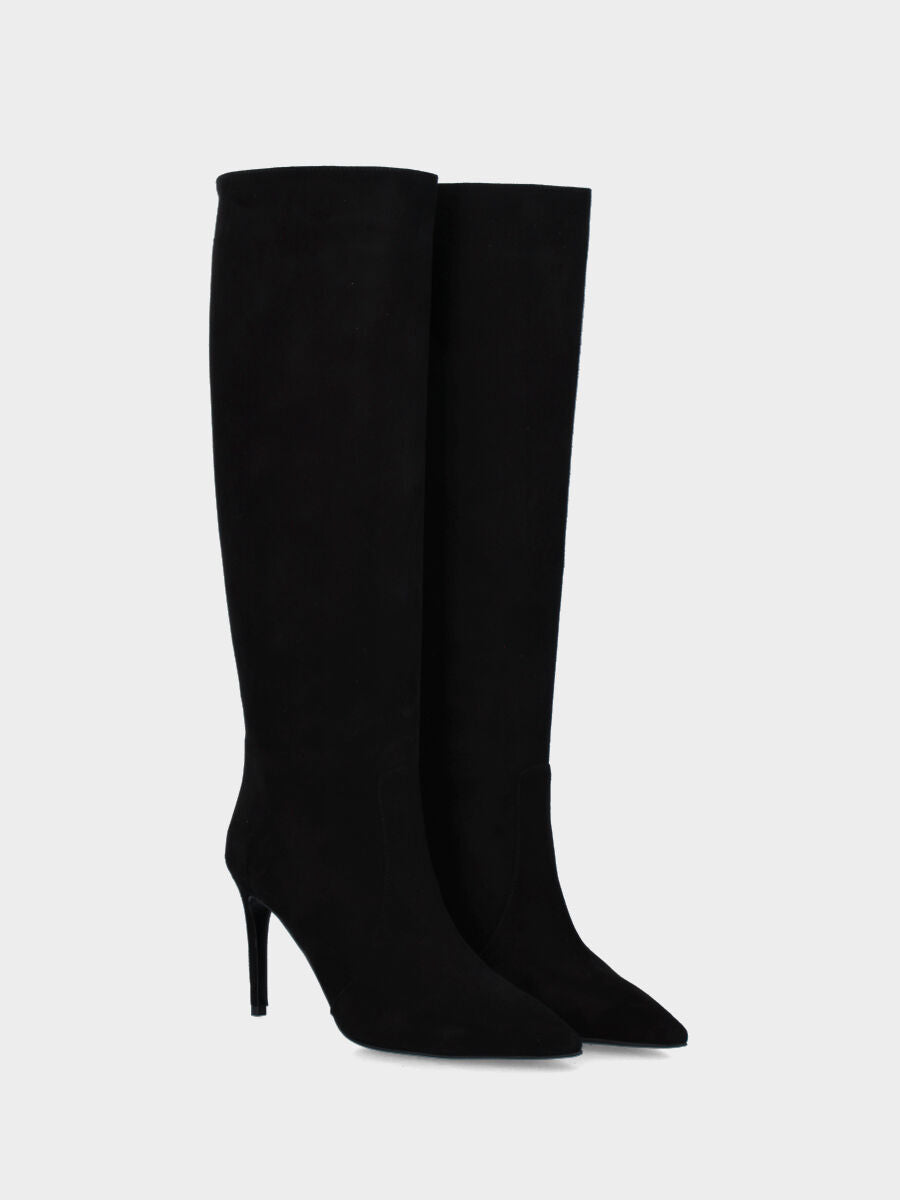 Stivale a tubo in camoscio nero con tacco a stiletto