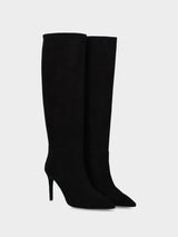 Stivale in camoscio nero con tacco a stiletto e cerniera laterale