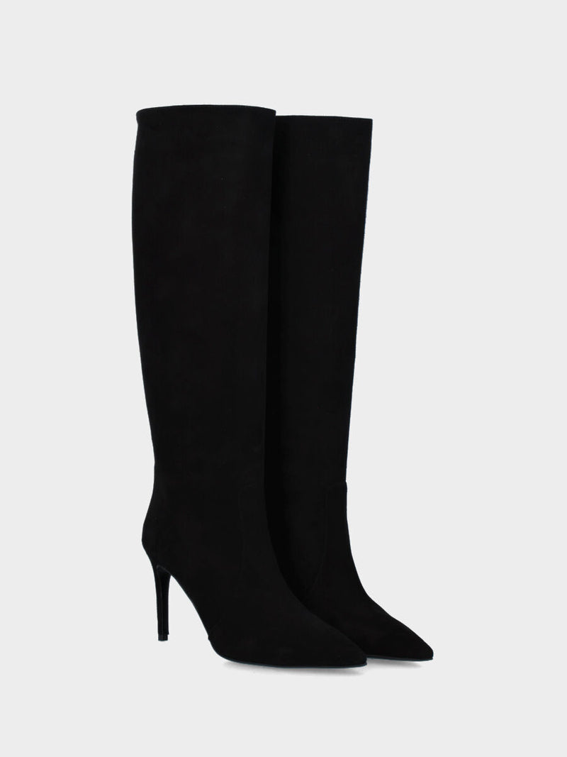 Stivale in camoscio nero con tacco a stiletto e cerniera laterale